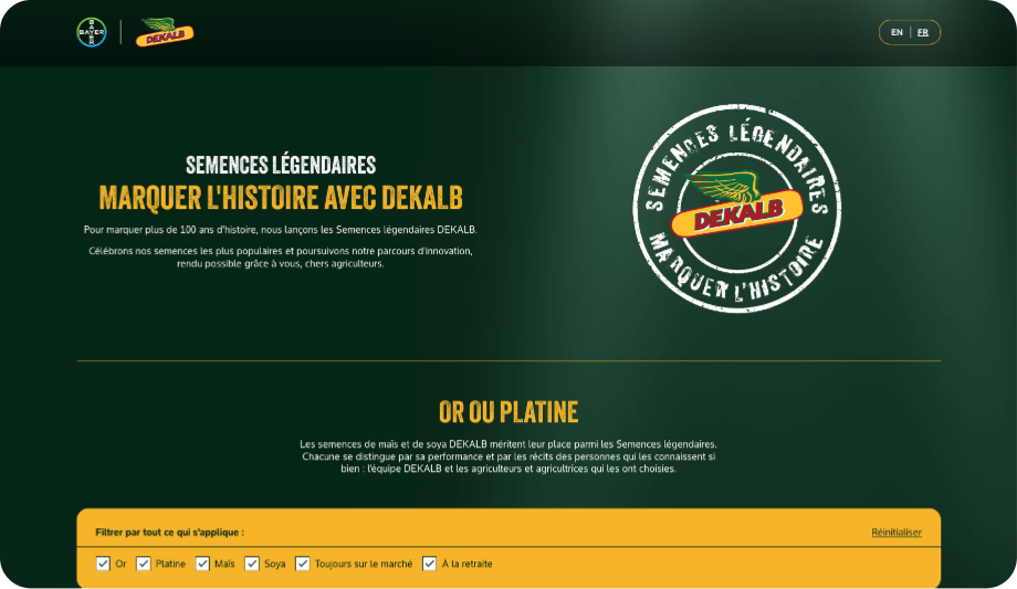 Capture d'écran d'une page Web faisant la promotion de DEKALB History Makers avec un fond vert, le logo DEKALB et un texte mettant en évidence plus de 100 ans d'innovation agricole.
