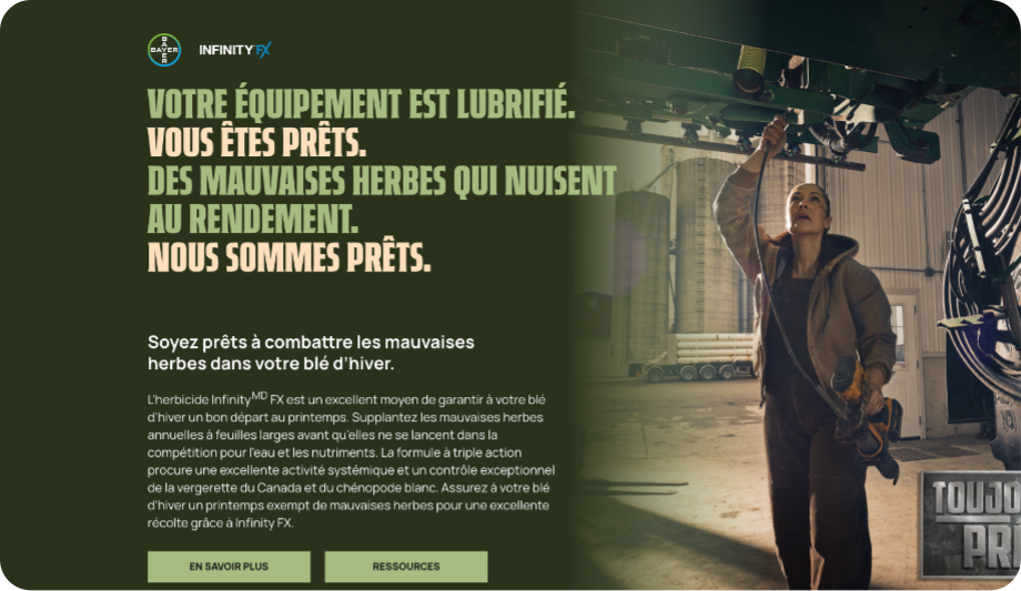 Capture d'écran de la page Web promotionnelle d'Infinity FX montrant des titres en gras, des messages sur les produits et un agriculteur travaillant sur des machines.