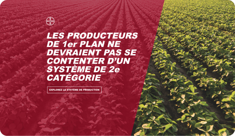 Capture d'écran de la page de destination marketing du système Roundup Ready® Xtend Crop montrant une image d'en-tête en écran partagé d'un champ de culture, le côté gauche avec une superposition de couleur rouge et un titre en gras.